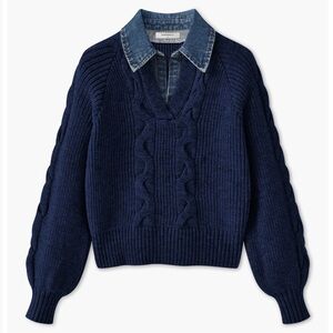 Commence Denim Panel Ribbed Lapel Sweater
